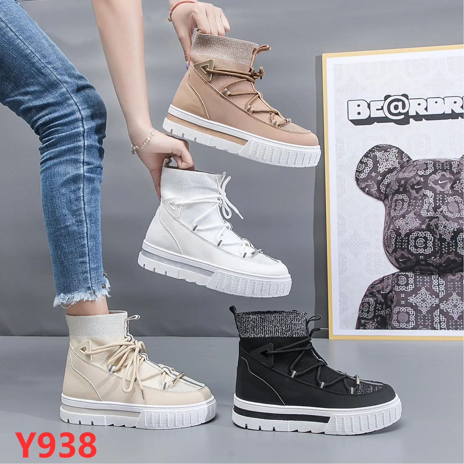 injection soles cheap price customized high cut women tennis shoes women Lace up boots net sneakers
