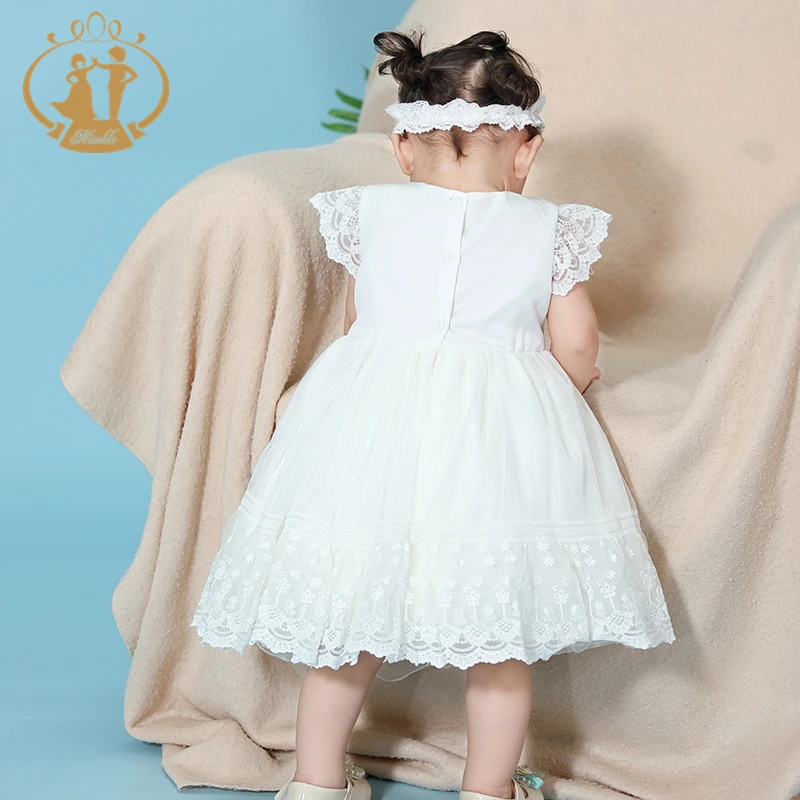 Nimble New Arrival Lace White Communion Dress for Girls Sleeveless Baby Girl Dress 2pc With Headband Baby Cotton Frocks Designs