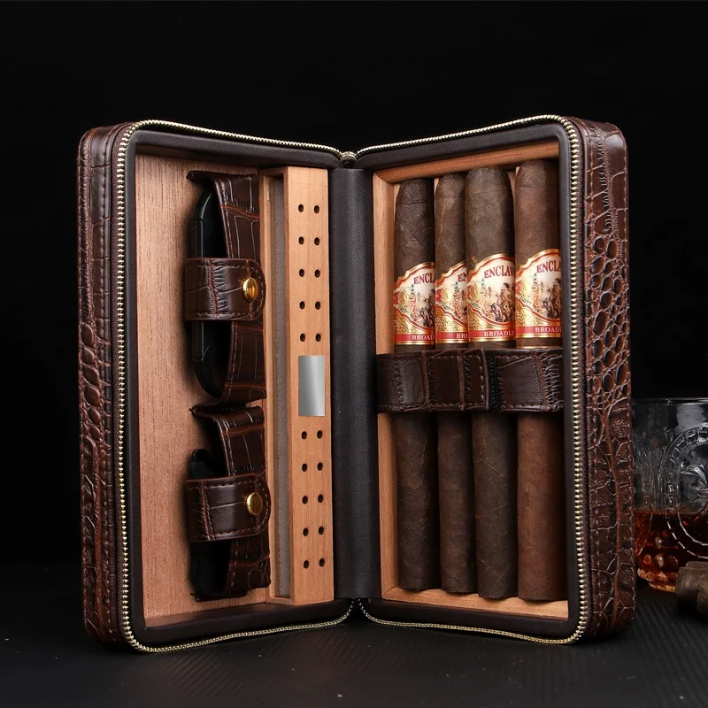 Tragbarer Luxus-Zigarren-Humidor aus Kunststoff, Holz & Leder mit  Befeuchter  Robuste Aufbewahrung fr 4 Zigarren