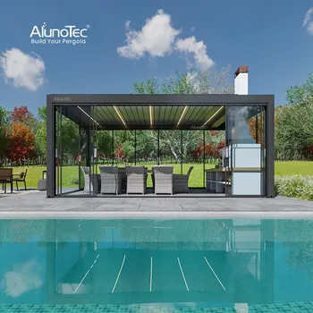 AlunoTec Metal Shade Covers Electric Waterproof Garden Aluminium Gazebo Motorized Outdoor Pergola Bioclimatic Roof System