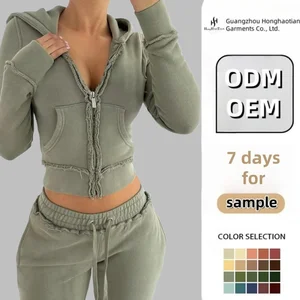 Custom logo Distressed Full Zip up Pullover Towel Embroidery Tracksuit 2 Pieces Cozy Sweatpants and Cropped Hoodie Set for Women