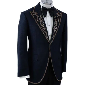 Hot Sale Men's Navy Wool Tuxedo Suit Golden Beaded Embroidery Lapel Design 2-Piece Plus Size Anti-Wrinkle Breathable Groom