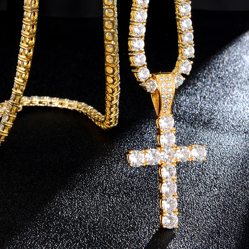 Round Cut Diamond Cross Pendant Iced Out CZ Bling Bling Zircon Diamond Pendants Necklaces 18k Gold Plated Hip Hop Jewelry Men