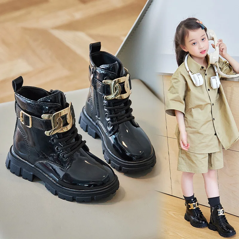 Teenager Alter Kinder Kind Pu Leder süße Prinzessin flache Winter schwarze  Schuhe Stiefeletten für Mädchen