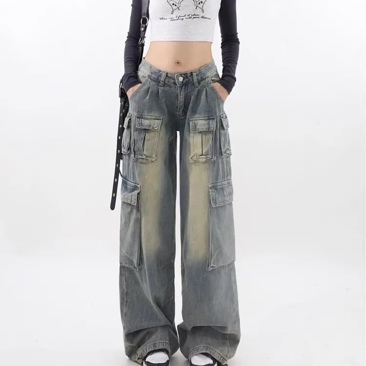 ODM Supply High-Waist Multi-Pocket Cargo Pants Vintage Bleached Jean Denim Trousers Light Washed Woven Summer Pants for Women