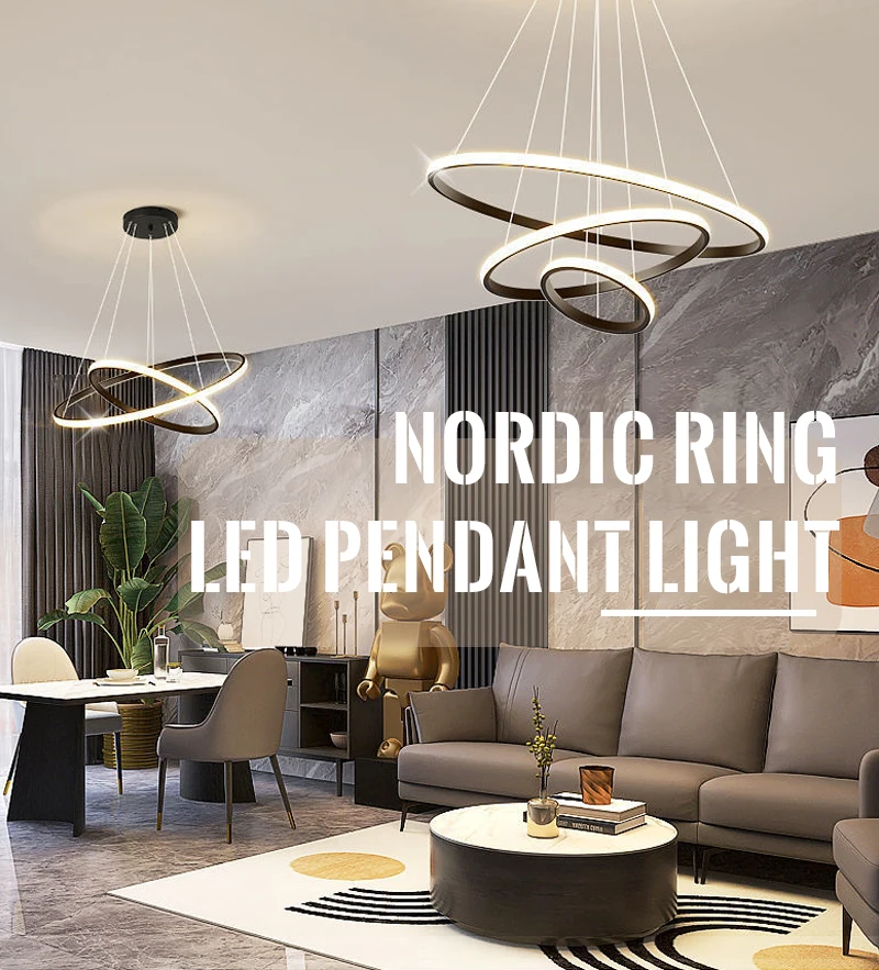 Modern circle lights bedroom led chandelier two ring black 3 ring led chandelier lamp pendant light for living dining room