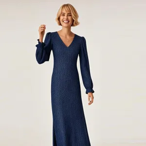 NEW 2026 Summer Sweet V-Neck Long Sleeve Maxi Dress with High Waist Loose Fit Breathable Fabric-Elegant & Casual