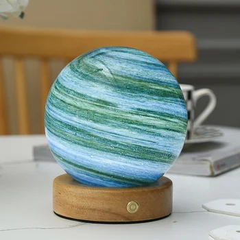 LED Rechargeable Touch Bedroom Lamp Starry Sky Glass Lampshade Cool Planet Night Light Warm White Emittance Wooden Base Room