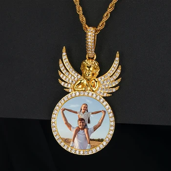 Angel Wings Iced Out Hip Hop 5A CZ 18K Gold-plated Brass Large Custom Photo Frame Pendant for Men