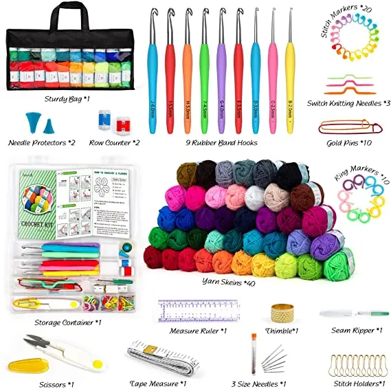 113pcs Crochet Tools Kit Beginners Crochet Set With Crochet Yarn