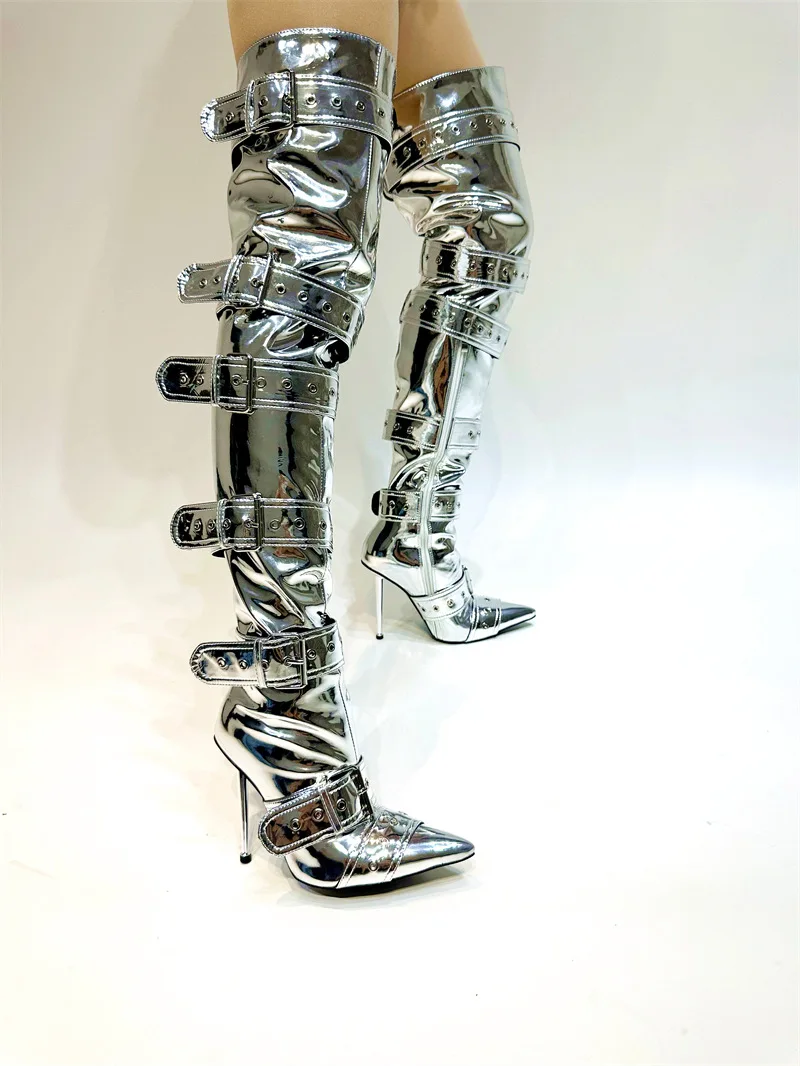 Women Sexy High Heels Thigh Boots Buckles Pointed Toe Rivets Jeans Size 43 Winter Over The Knee High Boots - Image 2