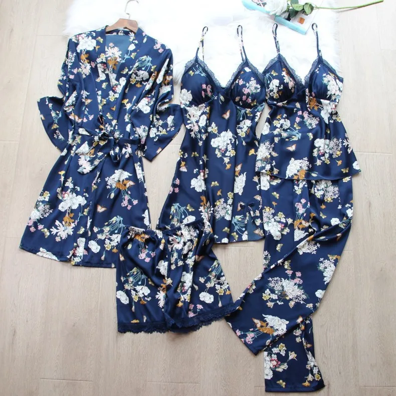 Floral pajamas women's sexy 5pcs ice silk thin nightdress long ladies nightgown