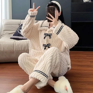 2026 Warm Autumn Winter Women Pajamas Set Flannel Fashion Sweet Bow Very Thicken Warm With Pocket Homewear Luxury Sleepwear
