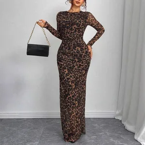 Classic Leopard Print Dress Pleated Sexy Tight Mesh Bodycon Dress Round Neck Long Dresses Women