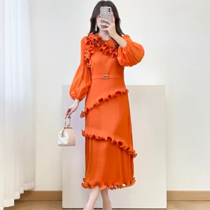 European and American-style Women's Loose-fitting Pleated Dress with Big Sleeves and Large Size Ready-made Dress Wholesale