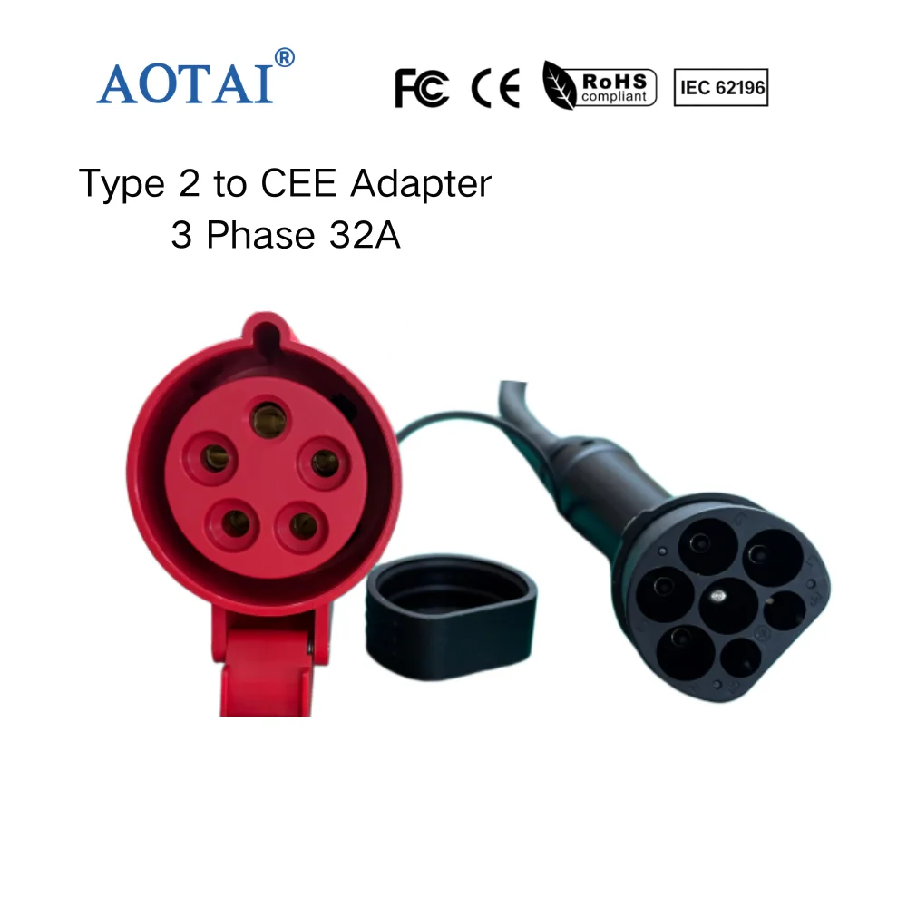 AOTAI Type 2 to 32A 5 Pin CEE Industrial Plug Adapter Cable 3 Phase EV Charging Station Extension 22kW 400V