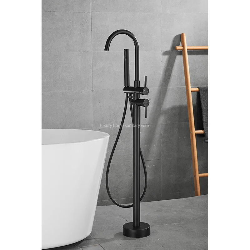 Factory Direct Simple Black Freestanding Bathtub Shower Mixer Floor Stand Bathtub Faucet Set Bathroom Faucet