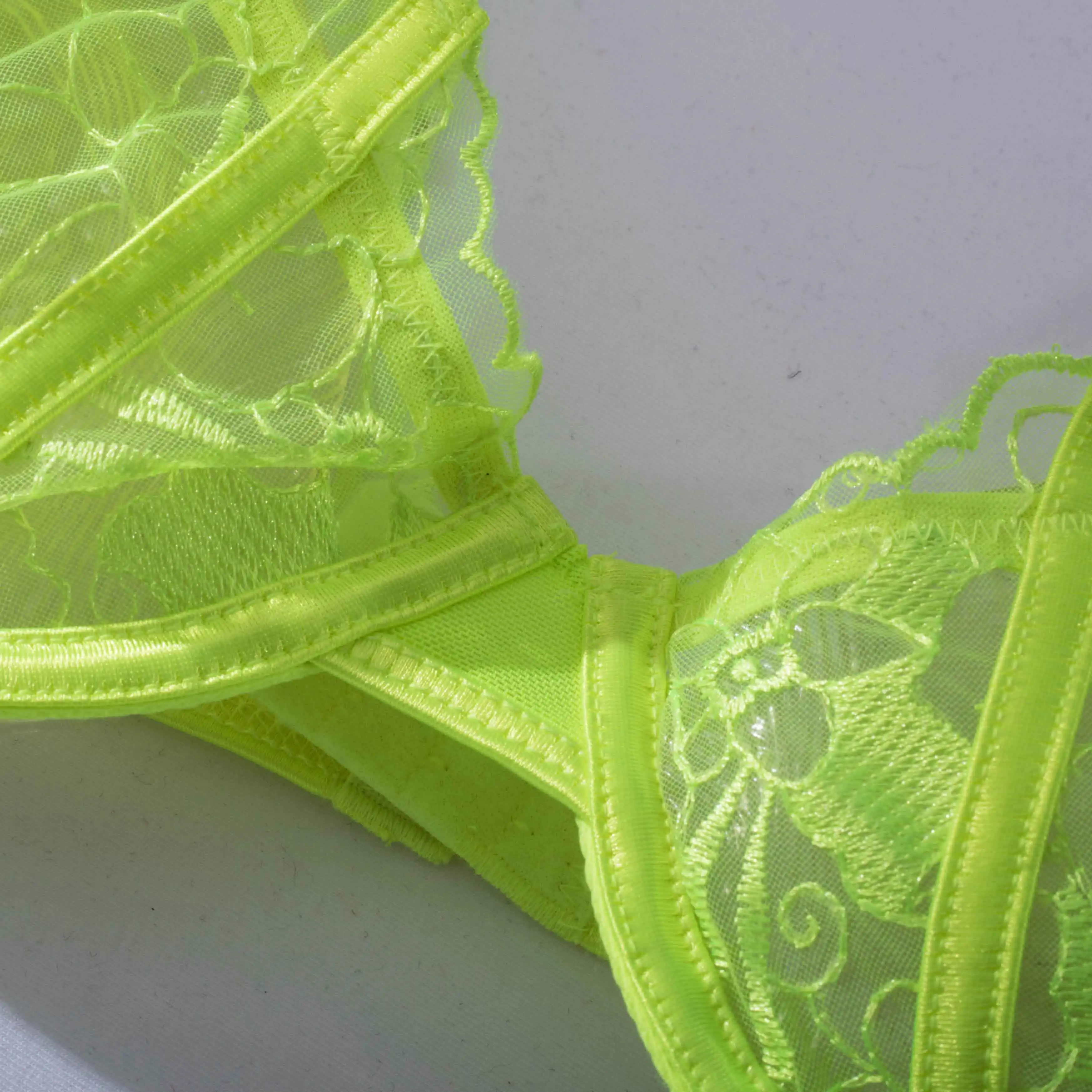 Fluorescent Green Flower Embroidered Erotic Fancy Push Up Bra Sheer Underwear Women Sexy 