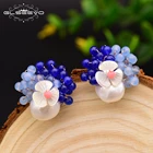925 Sterling Silver Stud Earrings For Women Natural Freshwater Pearl Shell Flower Blue Stone Earrings