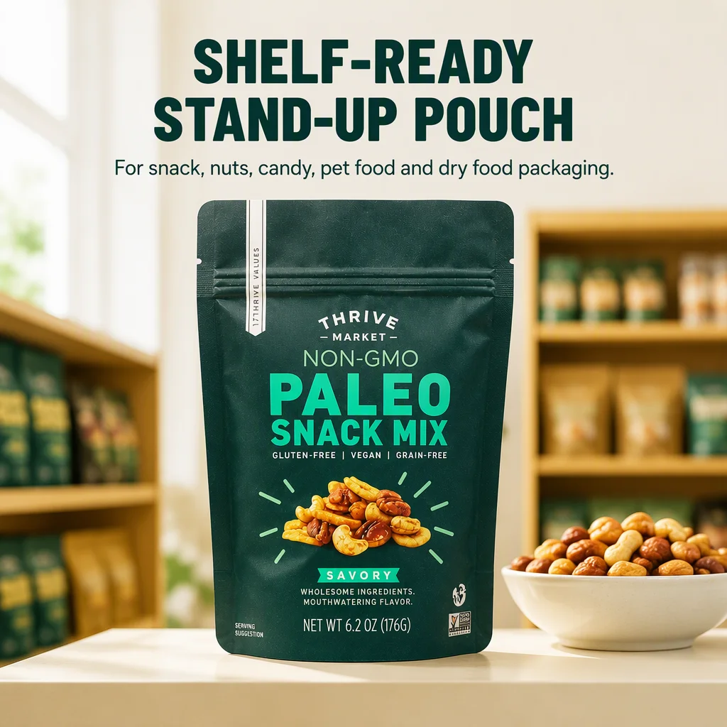 Custom Printed Stand up Pouch Food Grade Resealable Zipper Bag for Snack Pet Food Candy Nuts Packaging Wholesale