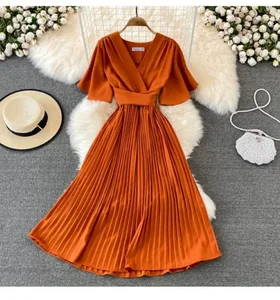 Summer Solid Chiffon V-Neck Short-Sleeved Over-the-Knee Natural Waist Loose Pleated Elegant Ladies Dress Woven