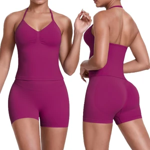 High Waist Yoga Shorts Set with Custom Logo Factory Direct Supply Solid Pattern Fitness Vest and Shorts Front Logo Position