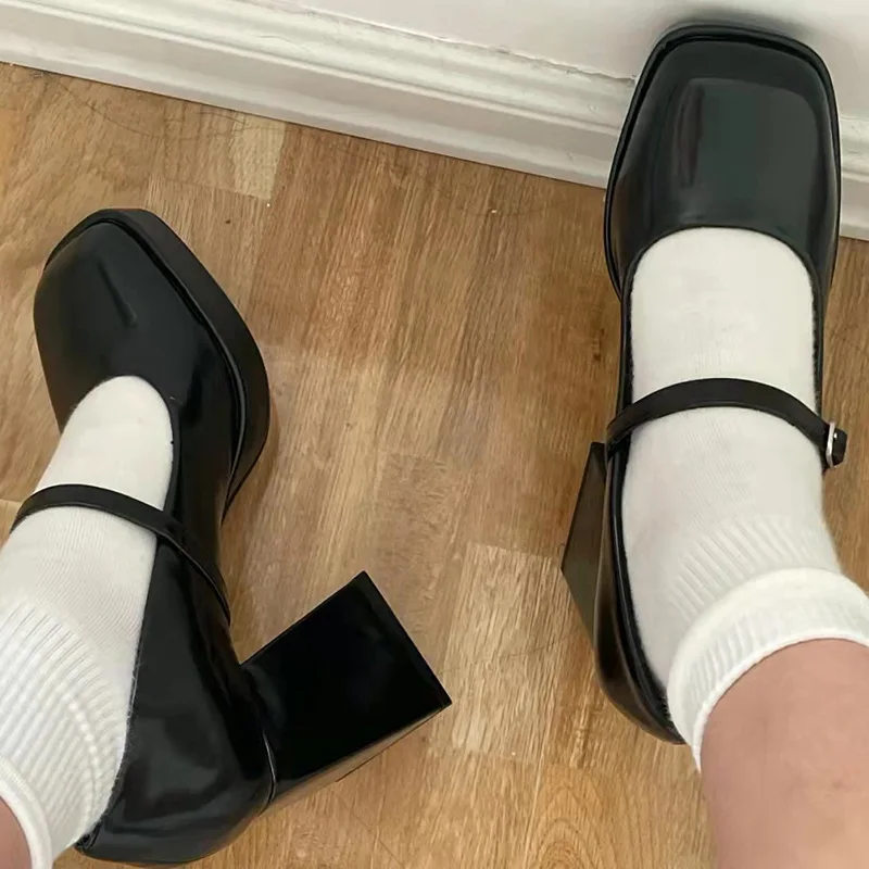 Elegant Mary Jane Shoes Platform Chunky Heel Autumn And Winter One Strap Square Toe Women High Heels Pumps - Image 2