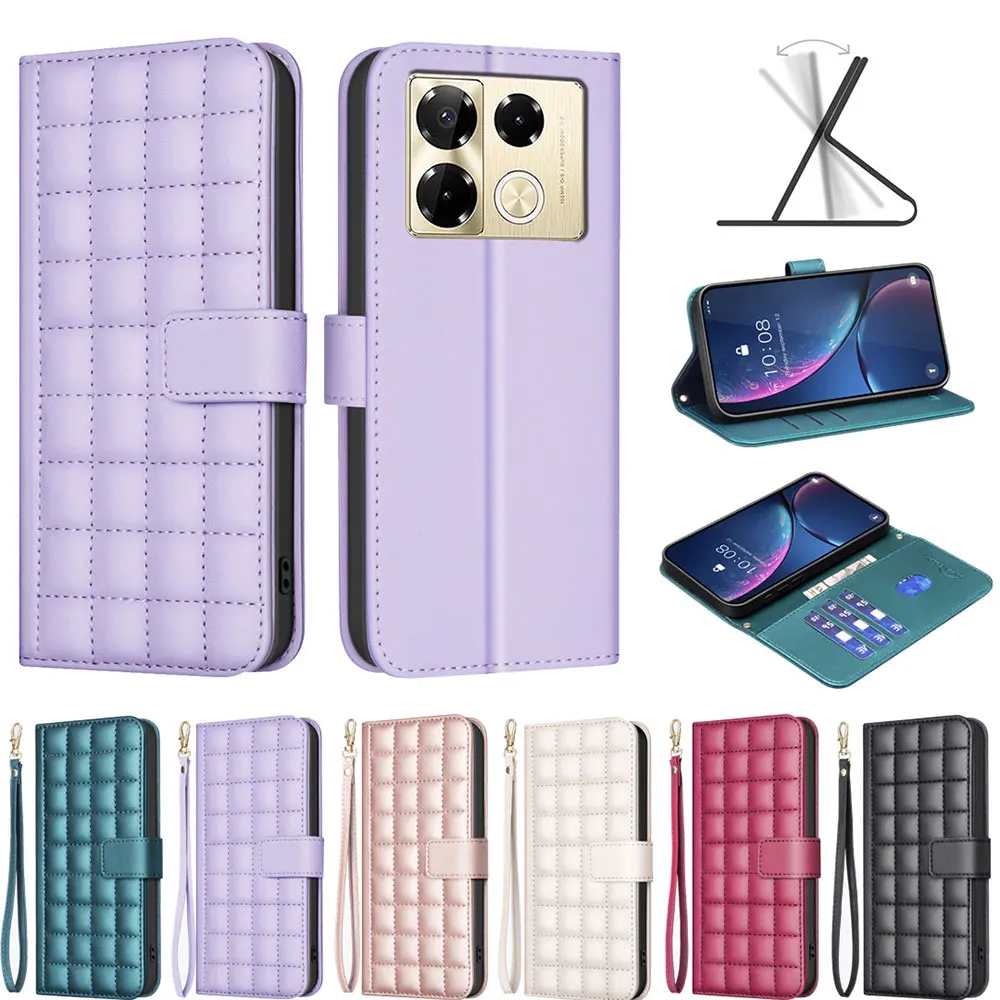 PU Leather Checkered Tpu Mobile Phone Case With Card Wallet Hand Strap Cover For Infinix Note 40