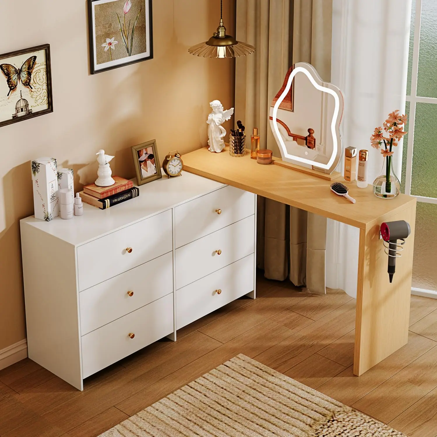 Modern Corner Makeup Vanity Table,with LED Mirror and Drawers,with ...