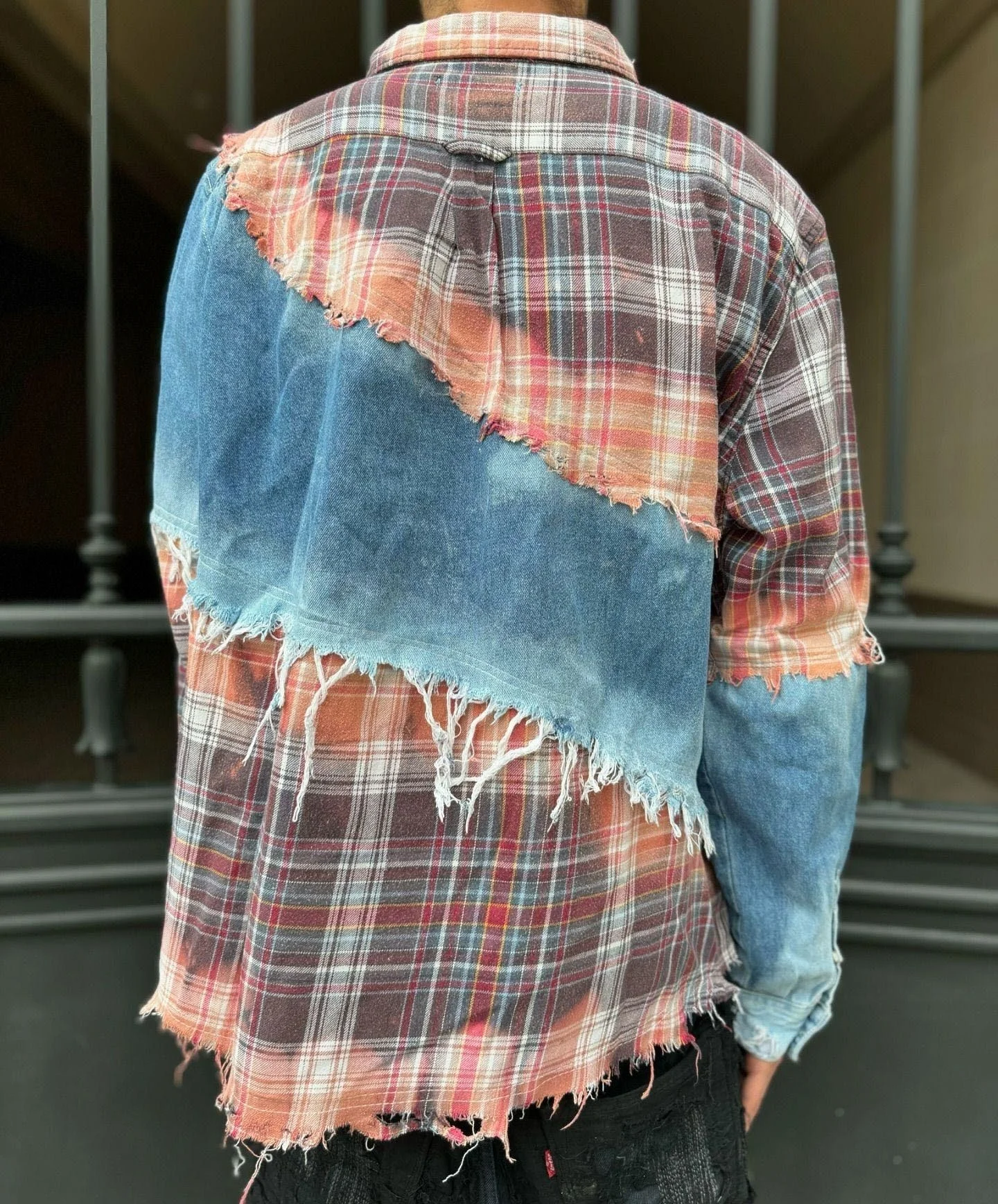 Salati Custom Cut Sew Oversized Button Acid Wash Vintage Distressed Panel Plaid Mix Flannel Denim Shirts Men Spring Quick Dry gallery 4