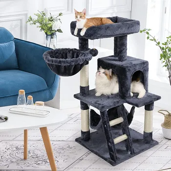 Cute Strong Kitten Furniture Cat Tree Tower Sisal Rope Scratching Post Multi Level Plush Cat Climbing Tower
