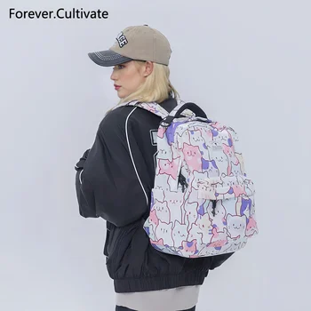 Original Large Capacity Waterproof Women's Backpack Cute Cat Cartoon Printed Multi-Pocket Fashion Zipper Daily Use for College