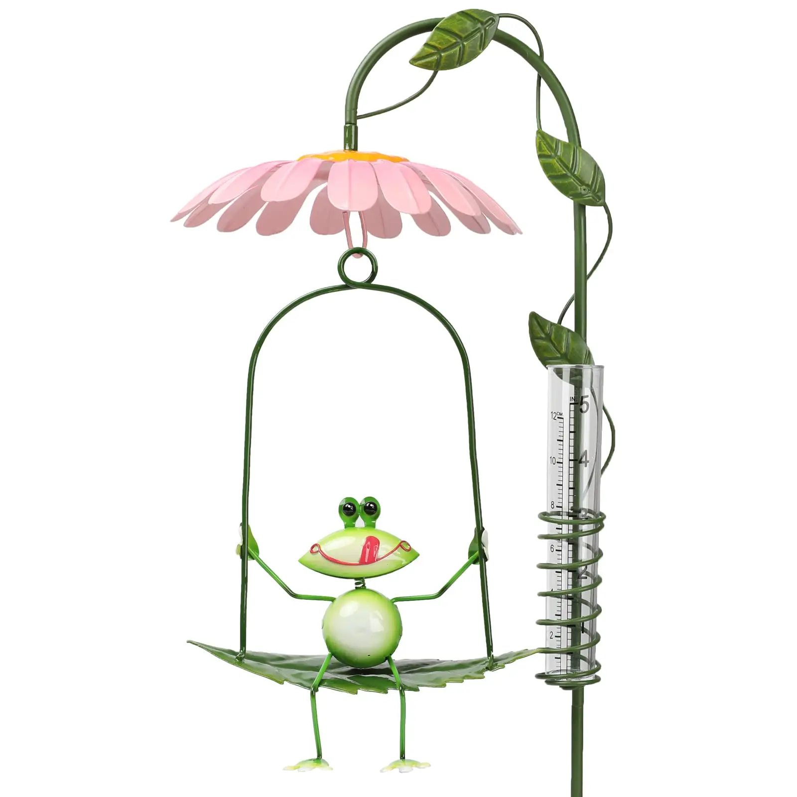 Metal Swing The Frog Figurine Rain Gauge Stake With Plastic Tube green