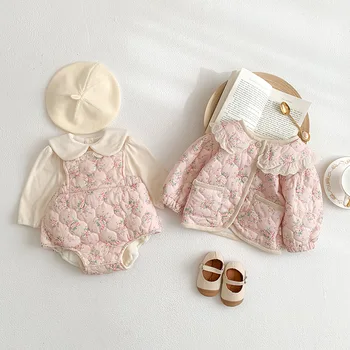 Suspender romper ins baby fleece-lined bottoming floral baby coat three-piece newborn clothes