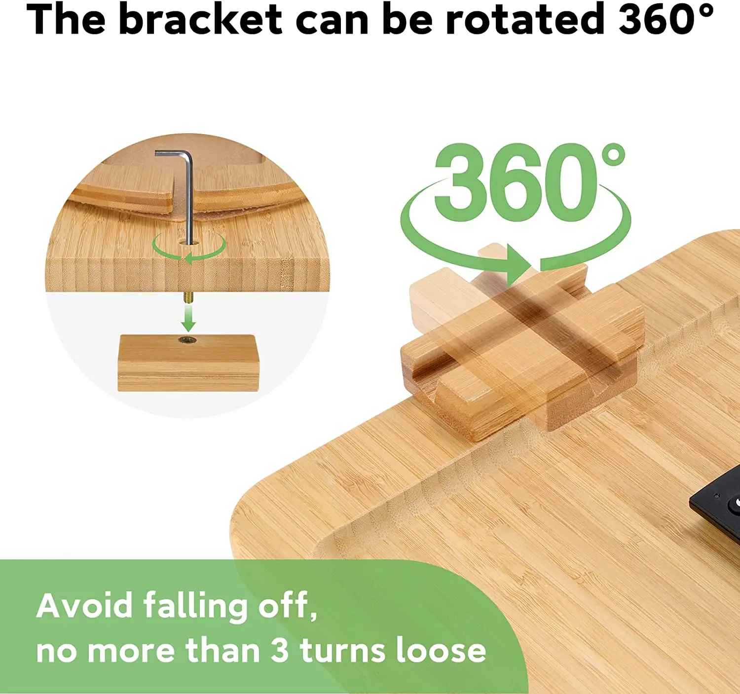 Side Table Foldable Couch Tray with 360 Degrees Rotating Phone Table for Eating Drinks Snacks Bamboo Sofa Tray Table Clip