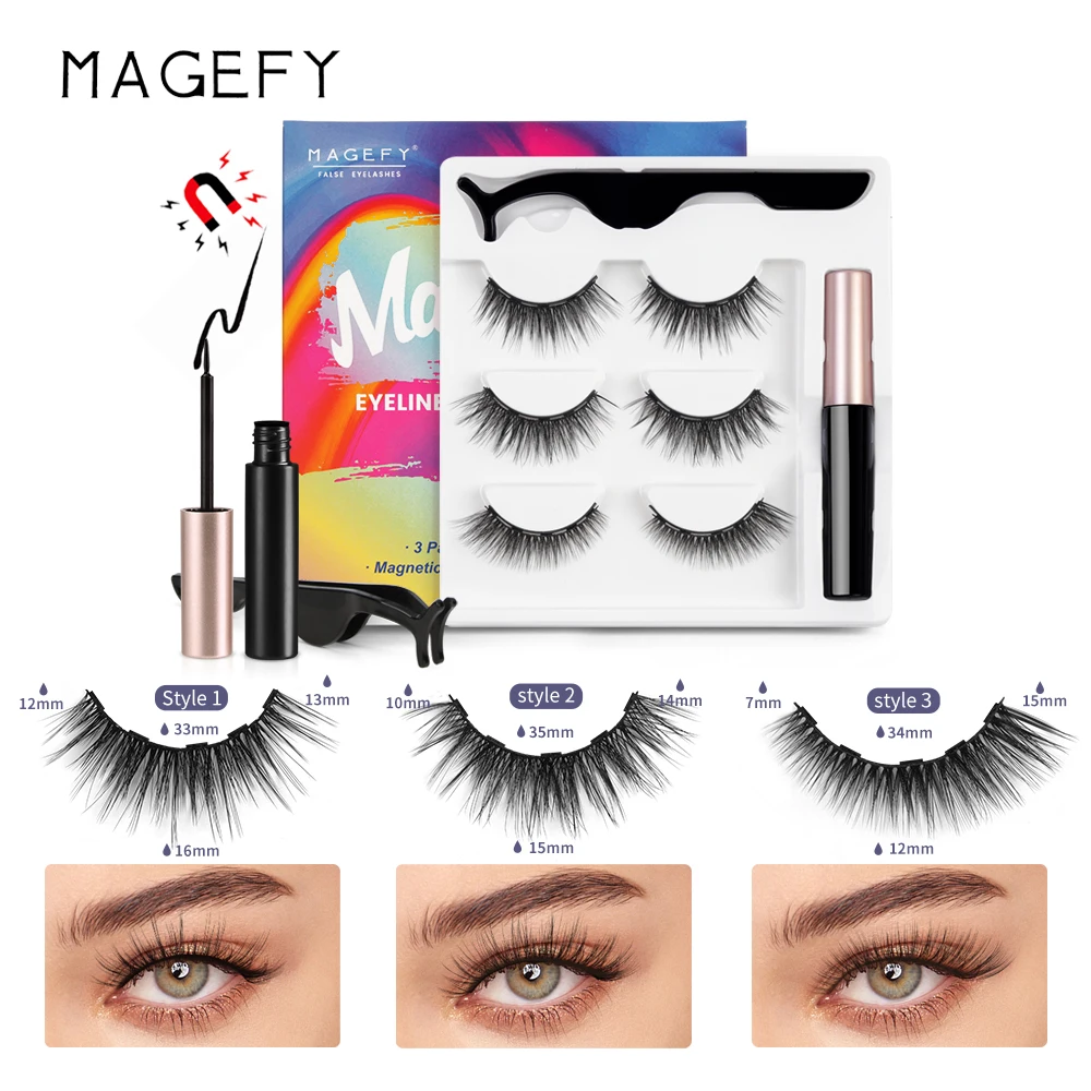 Magefy Eyelashes Wholesale Newest 3 Pairs Pack 3d Eyelashes And Eyeliner Set