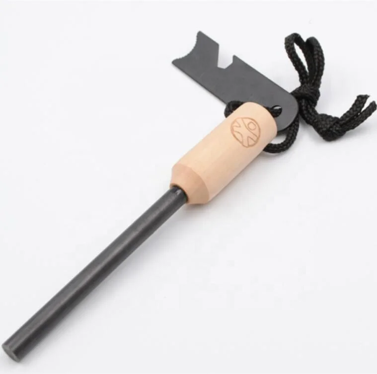 140mm Camping Bushcraft Fire Starter with Wood Handle,6 in 1 Multi Tool Flint Rod Ferro Rod with Bottle Opener for Survival