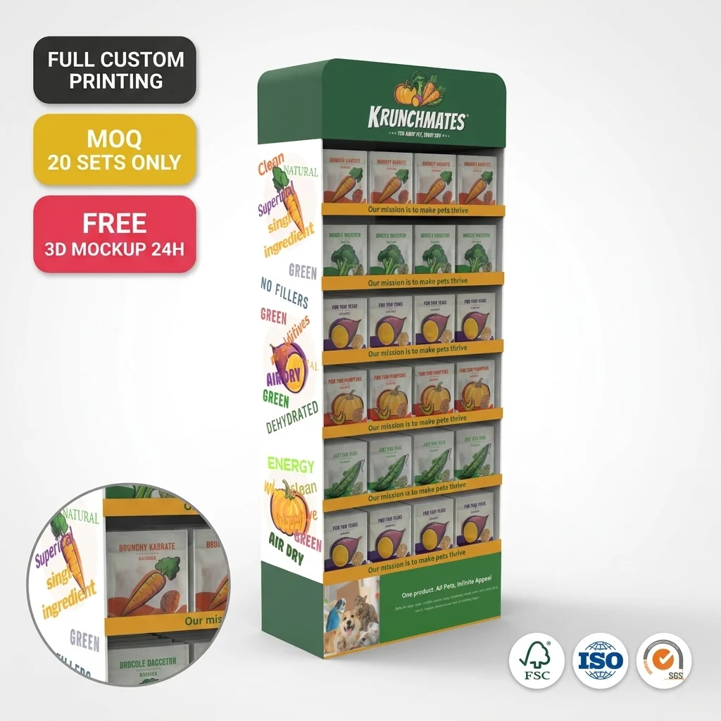 Retail Display Stand Custom Wooden Floor Display Rack for Pet Food Treats Multi Tier Easy Assemble Supermarket POS Display Shelf