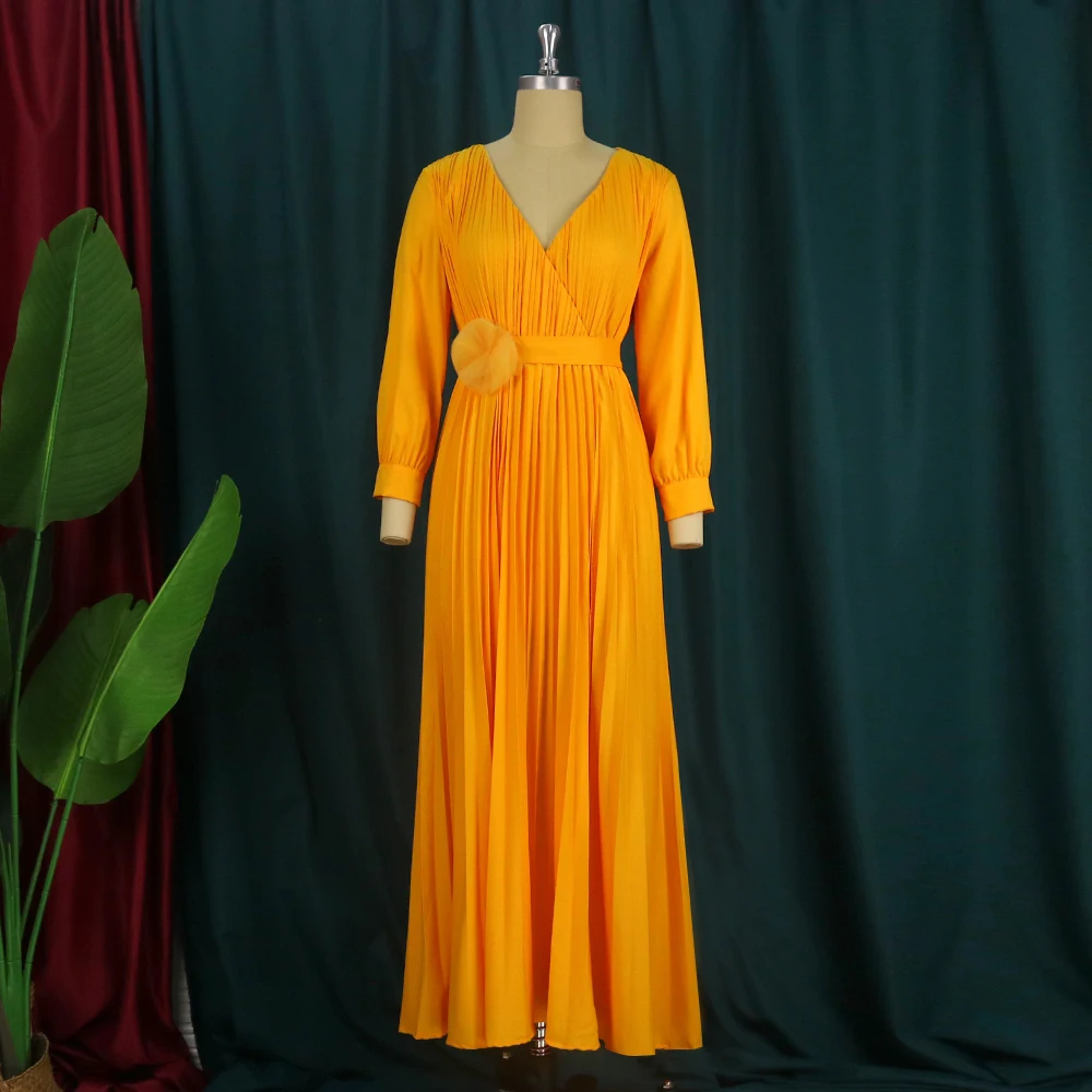 DP8117 New Design Temperament Tommuter Splicing High Waist Loose Long Dress Plus Size Womens Dress Pleated Dress With Free Belt