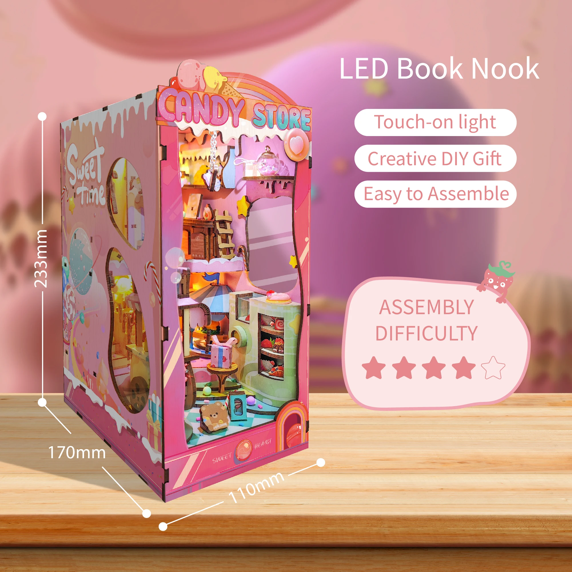 Pink Book Nook 3d Wooden Puzzle Bookend Diy Miniature House Booknook Shelf Insert Sweetheart Story Book Nook Kit