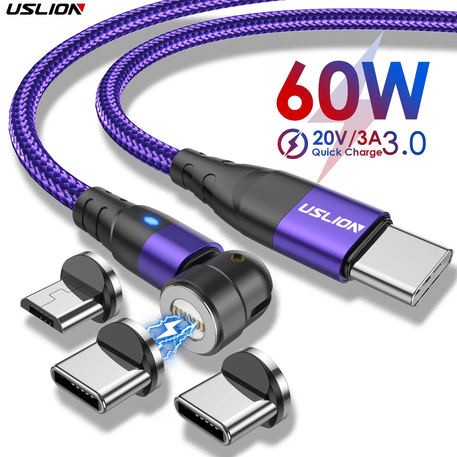 USLION 2M PD60W 540 Rotate in USB Cable Type C Magnetic Cable Charging  Data Cable Magnet Micro USB Phone Tablet Laptop
