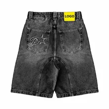 Embroidery Customized Sample Stone Washed Wide Balloon Leg Denim Shorts Baggy Fit Distressing Fade Denim Jorts Men