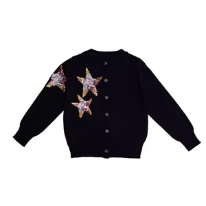 Customized Kids Knitted Cardigan Jacket Sequin Star Embroidered Girls Sweater for Winter