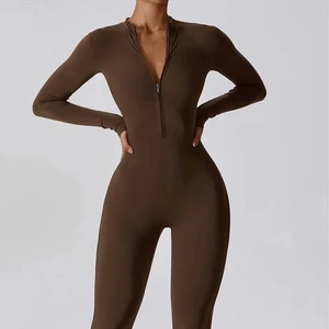 Women Yoga Jumpsuit Fitness Sports Suit Zipper Elastic One-Piece Bodysuits Gym Long Sleeve Gym Running Push up Workout Sportwear