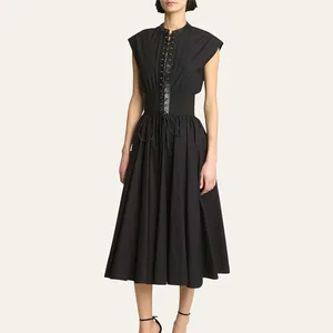 Clothing Manufacturers Custom Spring Summer Autumn Patchwork Leather Lace-Up Front Styling A-line Belted Waist Midi Dress