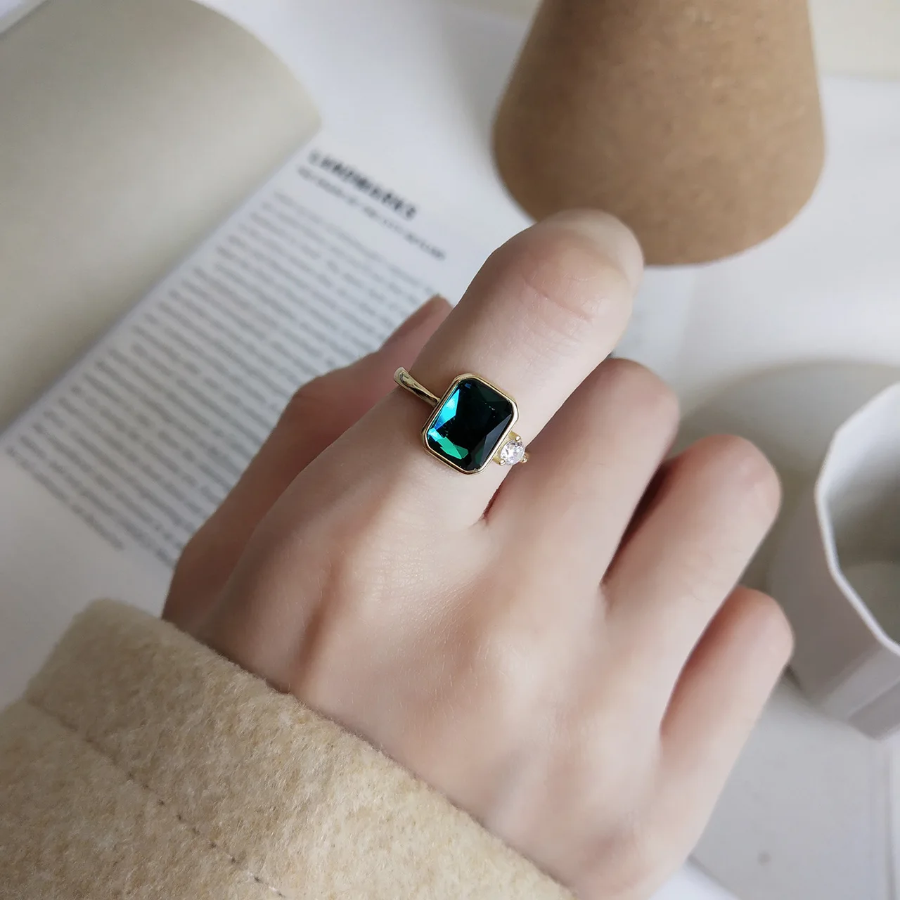 Big Green Stone Ring - 925 Sterling Silver & Gold Plated