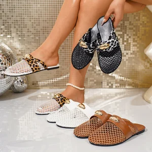 Trendy Plus Size Women Mesh Flat Slipper Knit Woven Net Summer Ladies Breathable Plait Woven Knit Upper Flat Slippers for Women