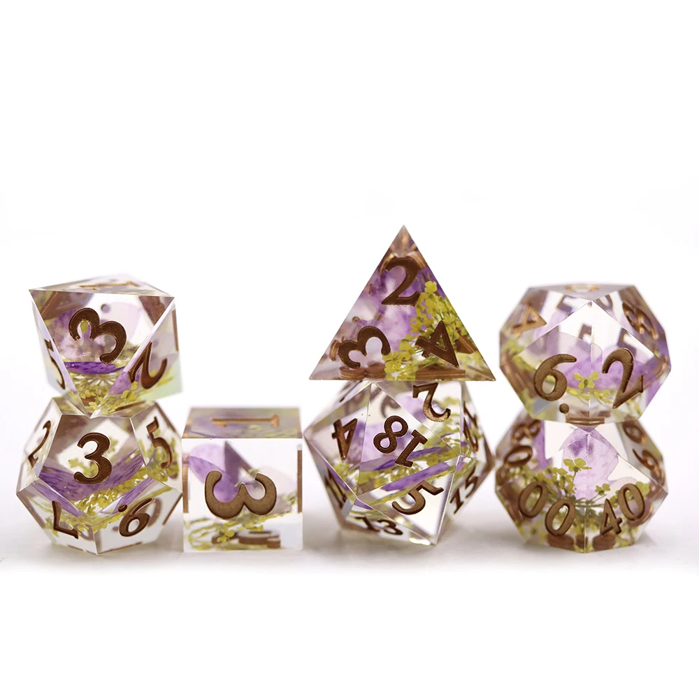 Популярная модель, набор костей DND D20, 7 шт., прозрачный с жидким наполнением, с логотипом из смолы, с дизайном желтых цветов