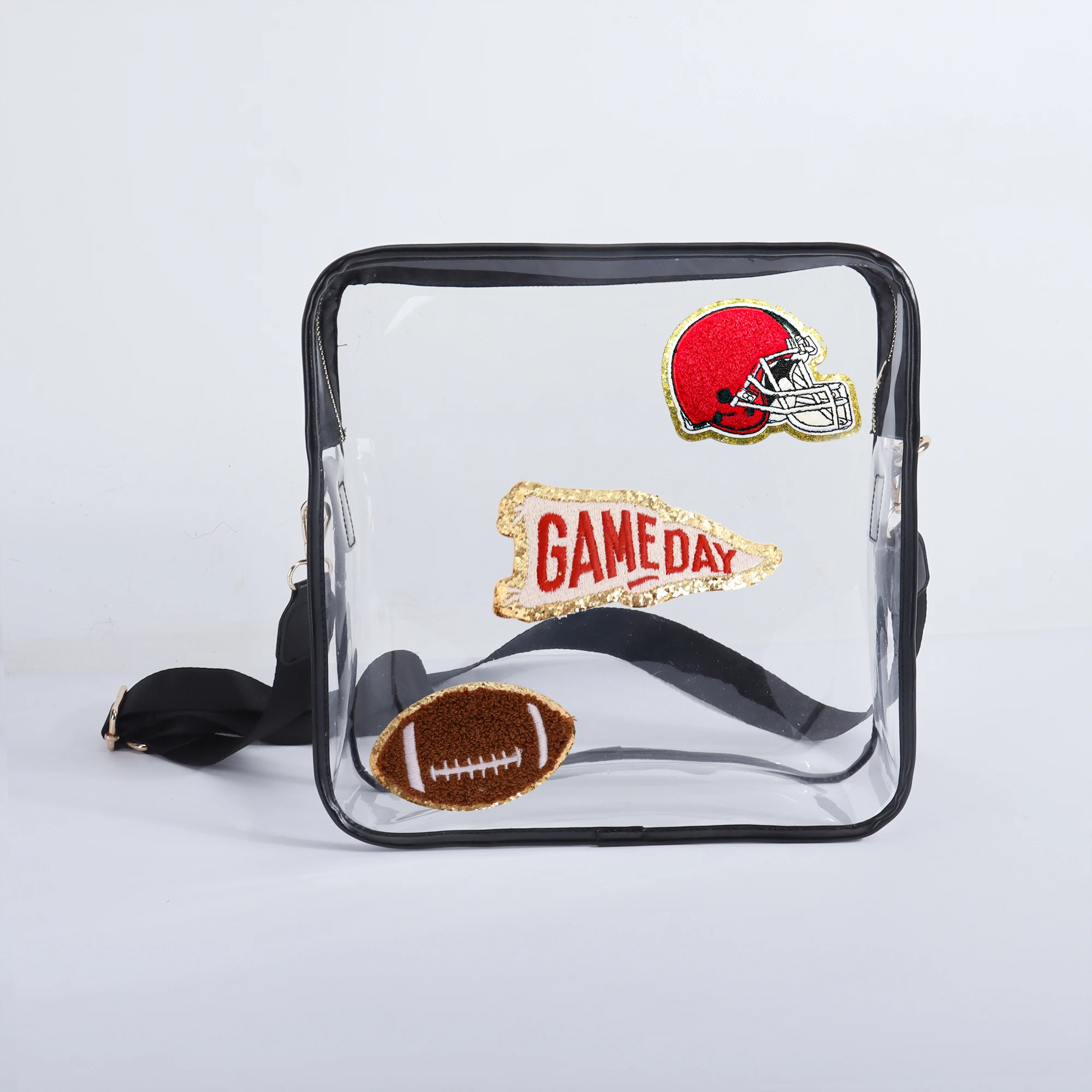 American Football Game Day Large Capacity Black See Through Transparent Pvc  Stadium Approved Crossbody Purse Sling Messenger Bag
