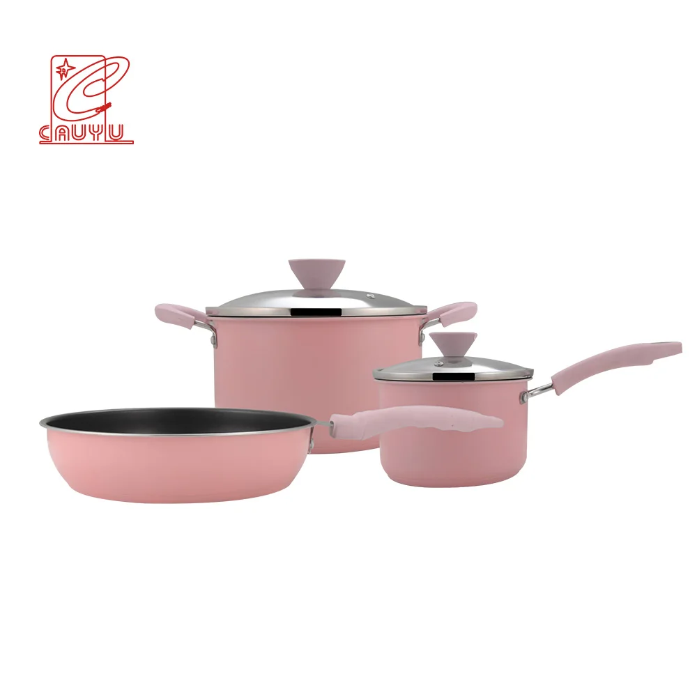 Popular Pink 5Pcs Non Stick Pan Stainless Steel Pots And Pans Pink Cookware  Sets Cooking Pot Set With Glass Lid